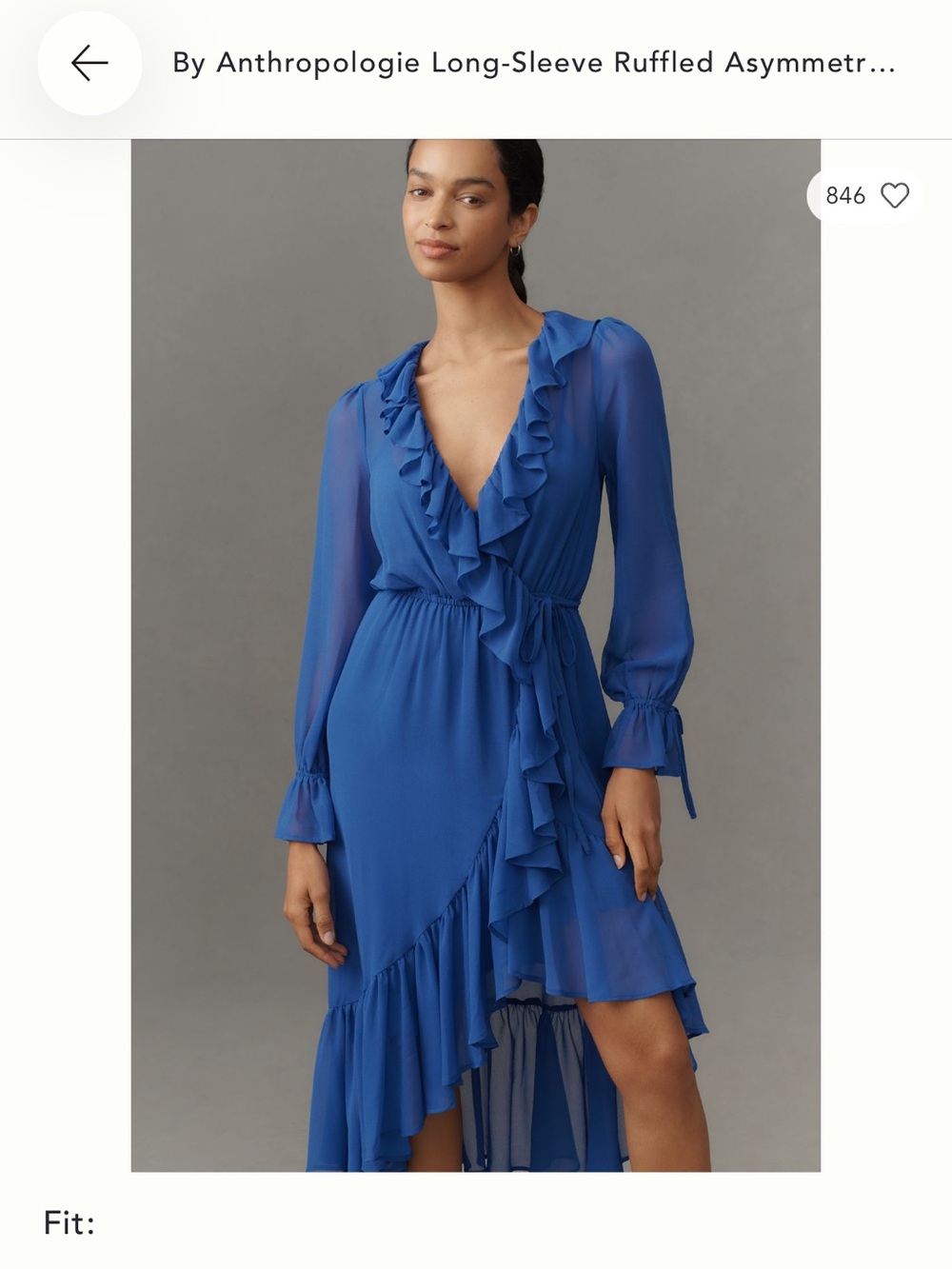 Anthropologie Cobalt Blue Long-Sleeve Ruffled High-Low Wrap Dress